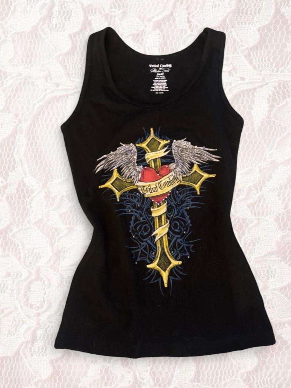 Black Graphic Tank Top - Winged Heart Cross